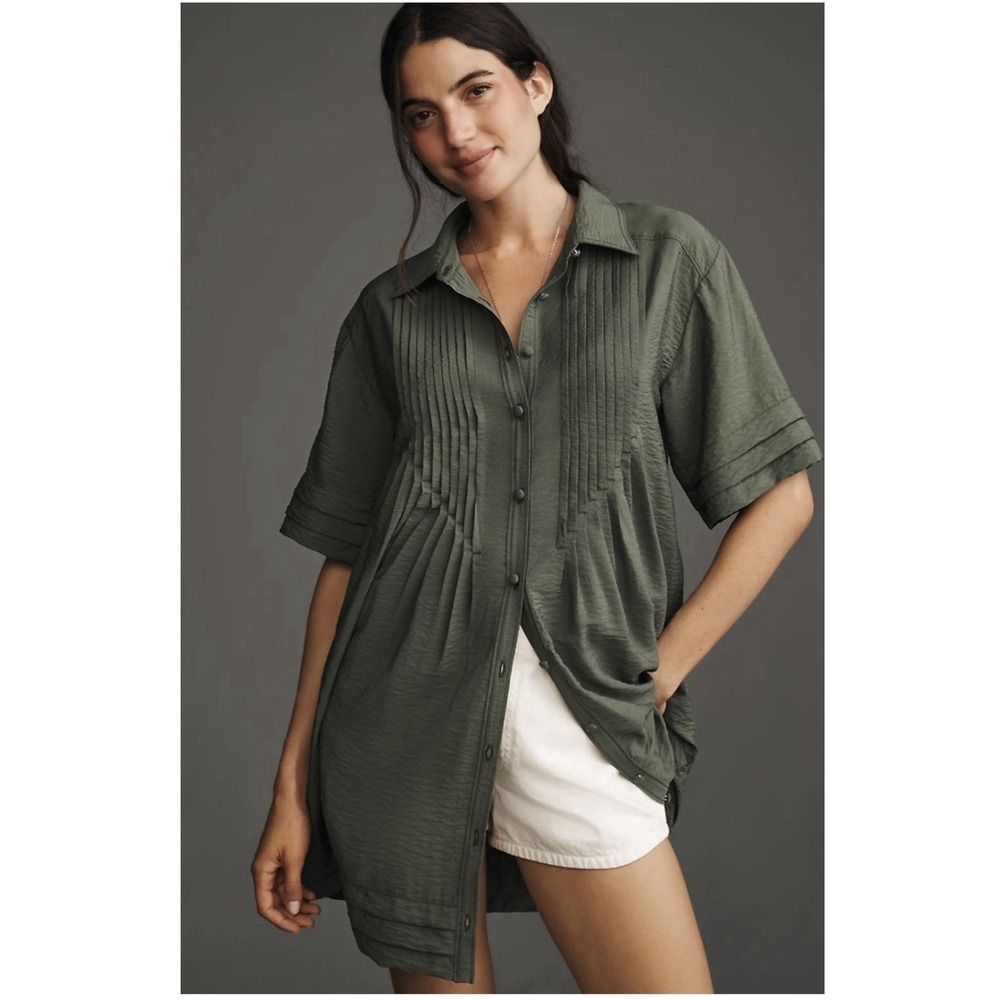 Anthropologie PILCRO Short-Sleeve Pintuck Tunic Shirt Dress Olive Green Sz-XL